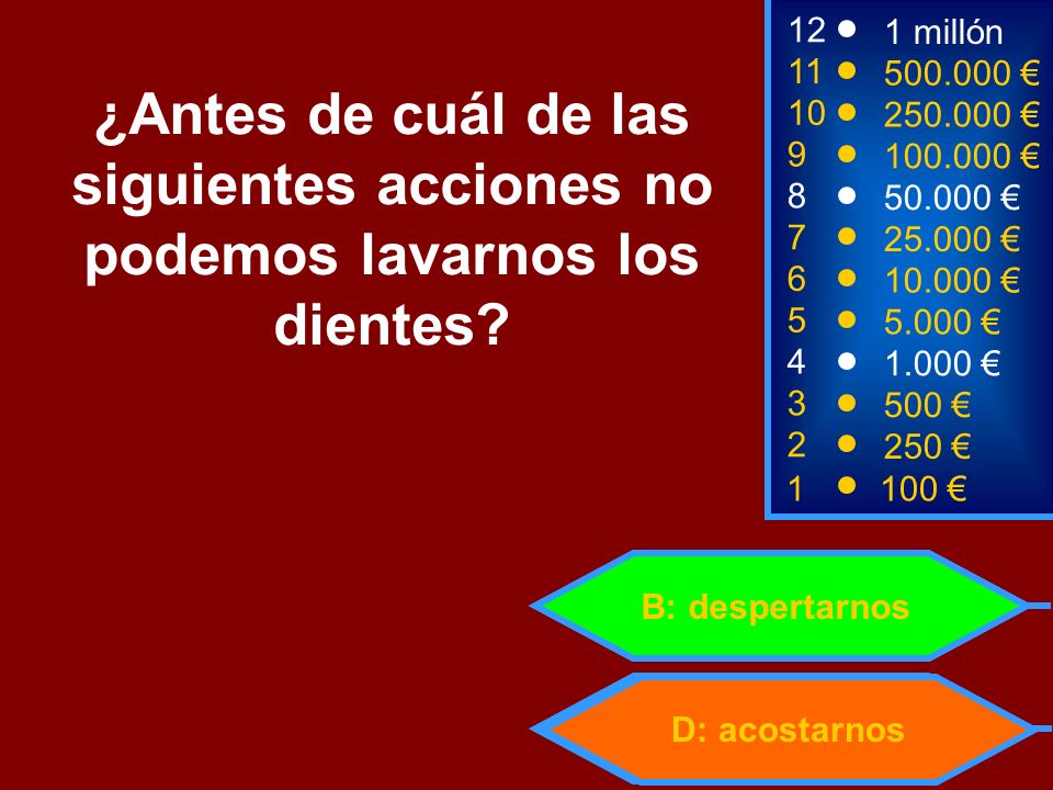 12 1 millón € ¿Antes de cuál de las siguientes acciones no podemos lavarnos los dientes