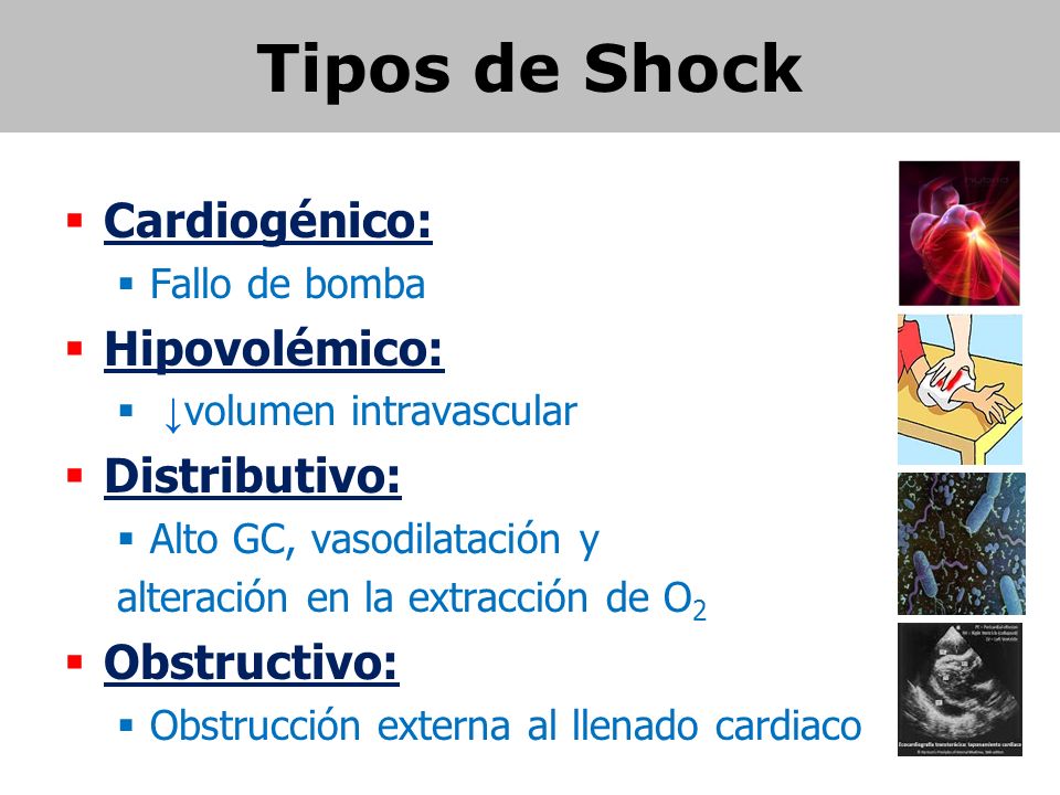 Tipos de Shock Cardiogénico: Hipovolémico: Distributivo: Obstructivo: