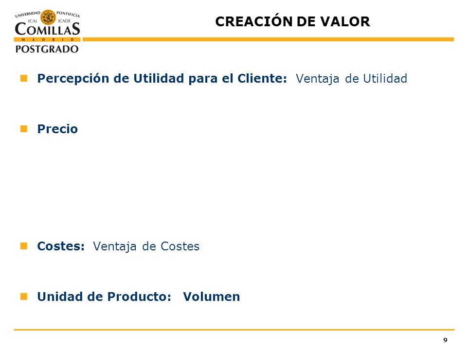 CREACIÓN DE VALOR Percepción de Utilidad para el Cliente: Ventaja de Utilidad. Precio. Costes: Ventaja de Costes.