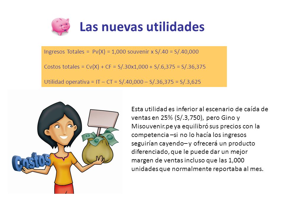 Las nuevas utilidades Ingresos Totales = Pv(X) = 1,000 souvenir x S/.40 = S/.40,000.