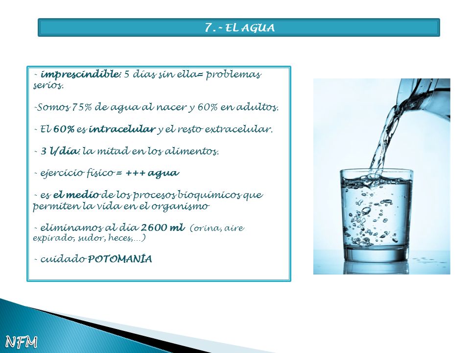 NFM 7.- EL AGUA - imprescindible: 5 días sin ella= problemas serios.