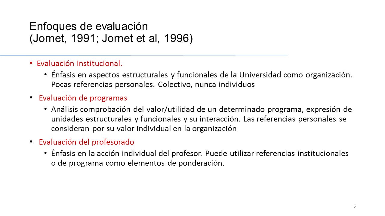 Enfoques de evaluación (Jornet, 1991; Jornet et al, 1996)