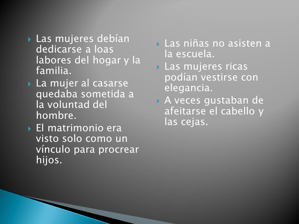 Las mujeres debían dedicarse a loas labores del hogar y la familia.