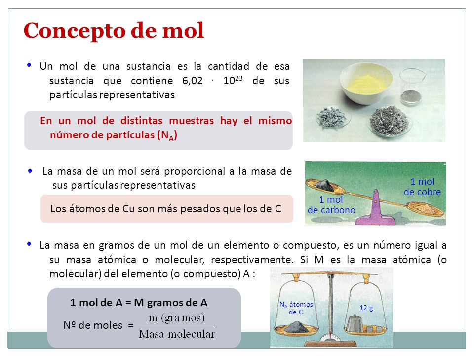 Concepto de mol Un mol de una sustancia es la cantidad de esa sustancia que contiene 6, de sus partículas representativas.