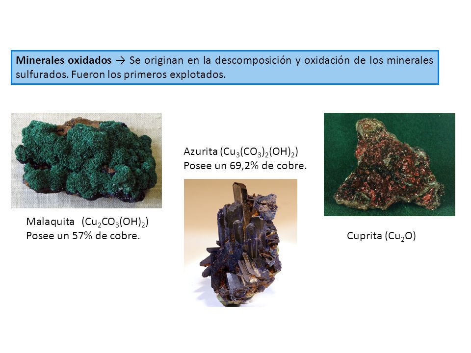 Minerales oxidados → Se originan en la descomposición y oxidación de los minerales sulfurados. Fueron los primeros explotados.
