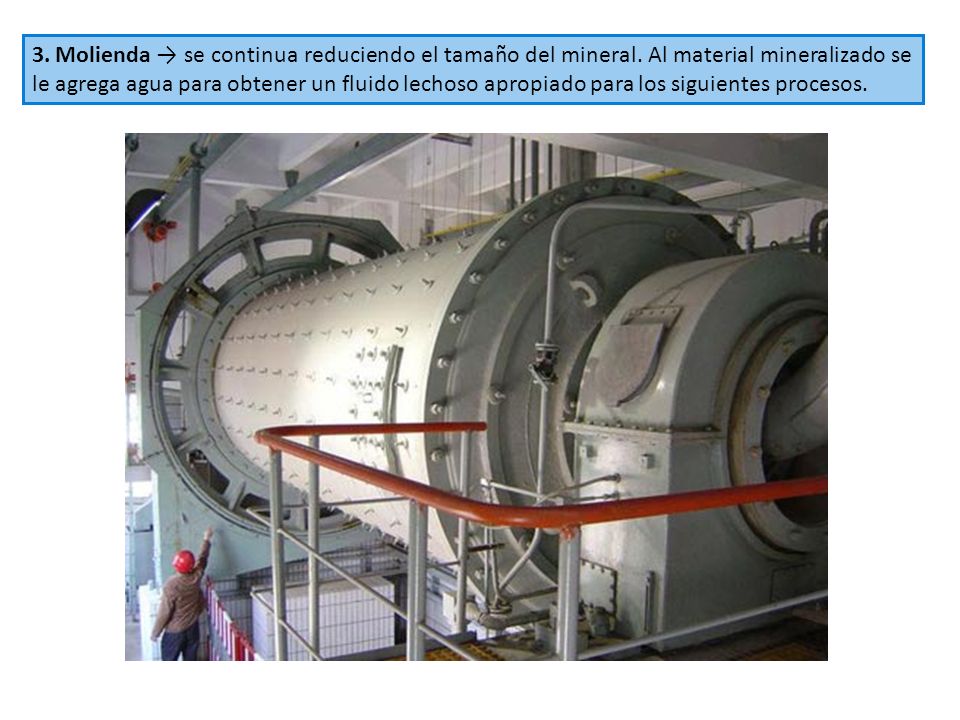 3. Molienda → se continua reduciendo el tamaño del mineral