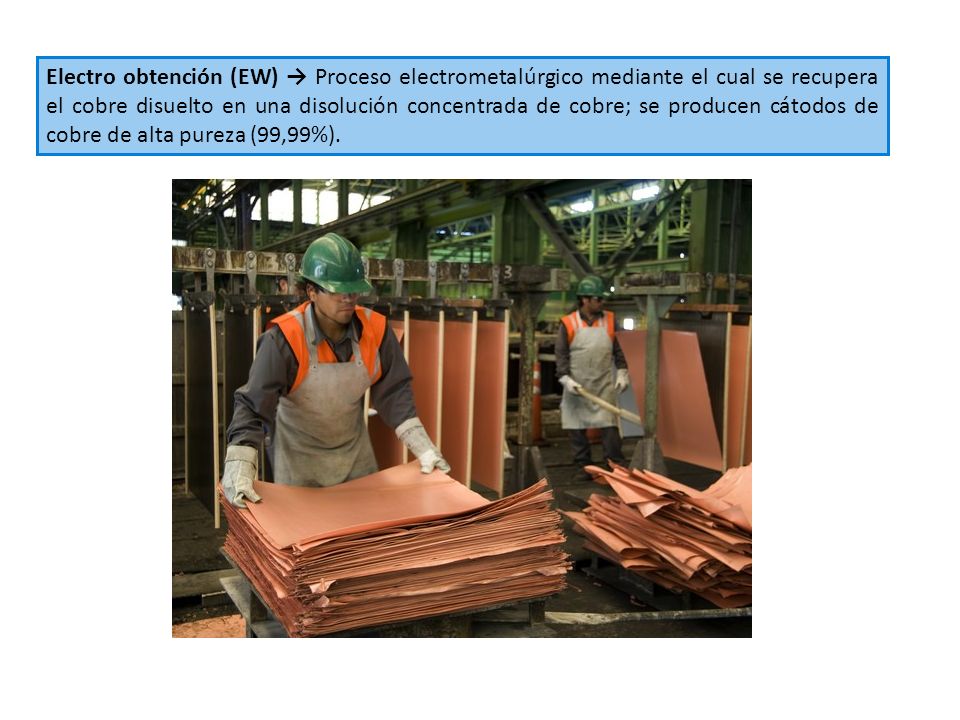 Electro obtención (EW) → Proceso electrometalúrgico mediante el cual se recupera el cobre disuelto en una disolución concentrada de cobre; se producen cátodos de cobre de alta pureza (99,99%).