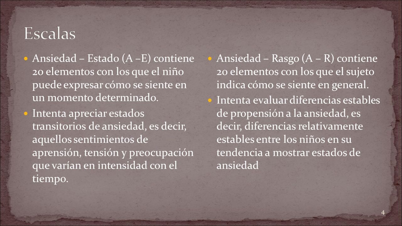 Escalas Ansiedad – Estado (A –E) contiene 20 elementos con los que el niño puede expresar cómo se siente en un momento determinado.