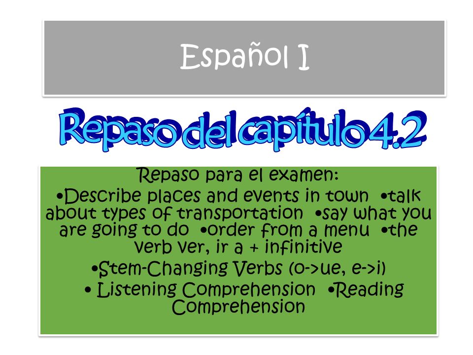 Español I Repaso del capítulo 4.2 Repaso para el examen: