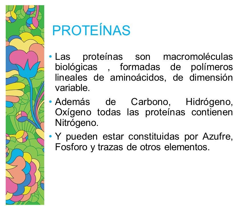 PROTEÍNAS Las proteínas son macromoléculas biológicas , formadas de polímeros lineales de aminoácidos, de dimensión variable.