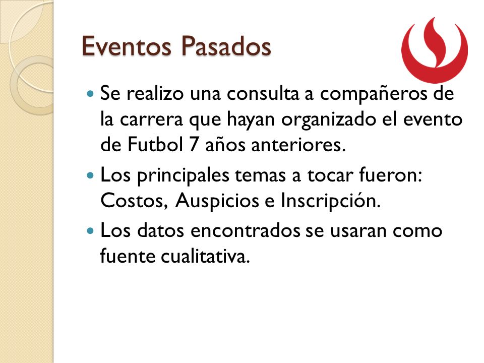 Eventos Pasados Se realizo una consulta a compañeros de la carrera que hayan organizado el evento de Futbol 7 años anteriores.