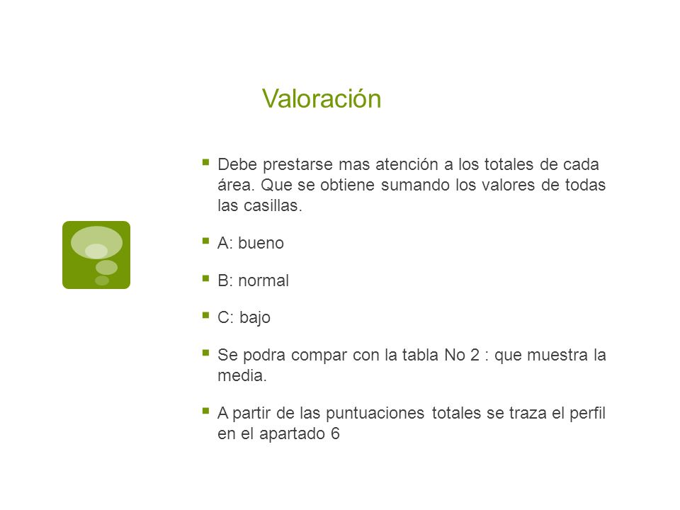 Valoración Debe prestarse mas atención a los totales de cada área. Que se obtiene sumando los valores de todas las casillas.