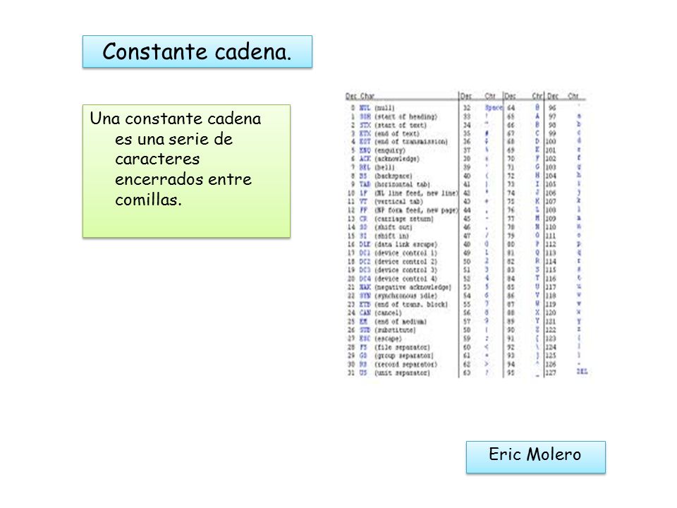 Constante cadena. Una constante cadena es una serie de caracteres encerrados entre comillas.