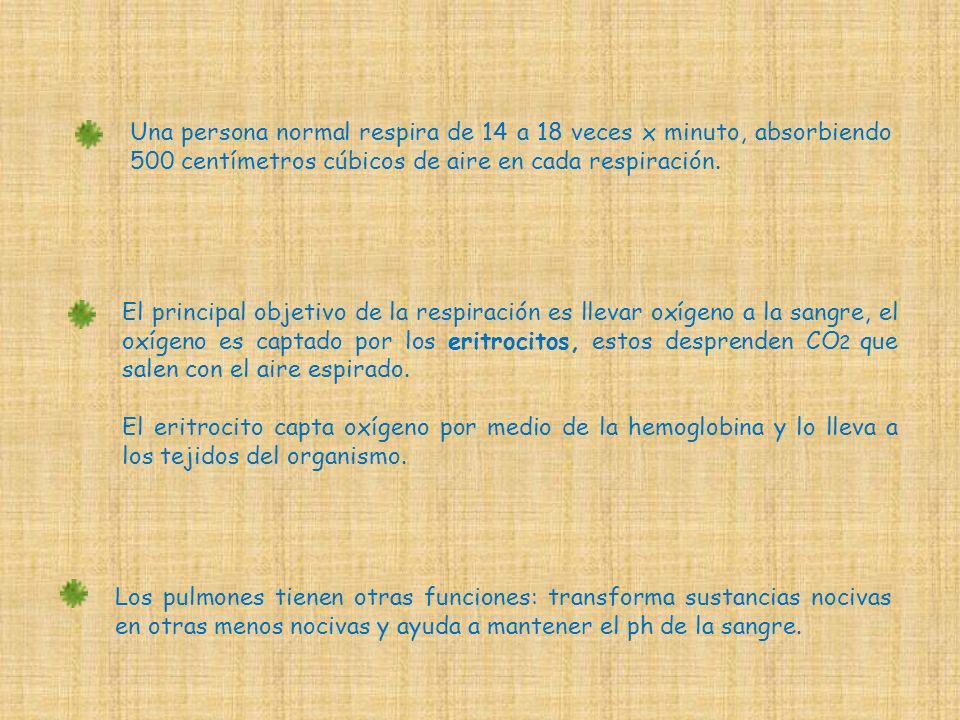 Una persona normal respira de 14 a 18 veces x minuto, absorbiendo 500 centímetros cúbicos de aire en cada respiración.