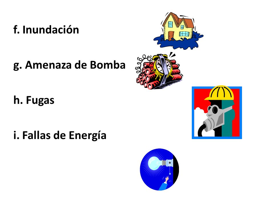 f. Inundación g. Amenaza de Bomba h. Fugas i. Fallas de Energía