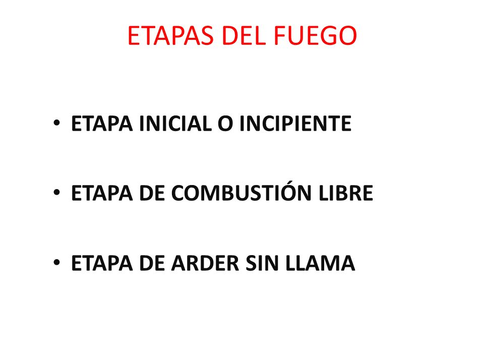 ETAPAS DEL FUEGO ETAPA INICIAL O INCIPIENTE ETAPA DE COMBUSTIÓN LIBRE