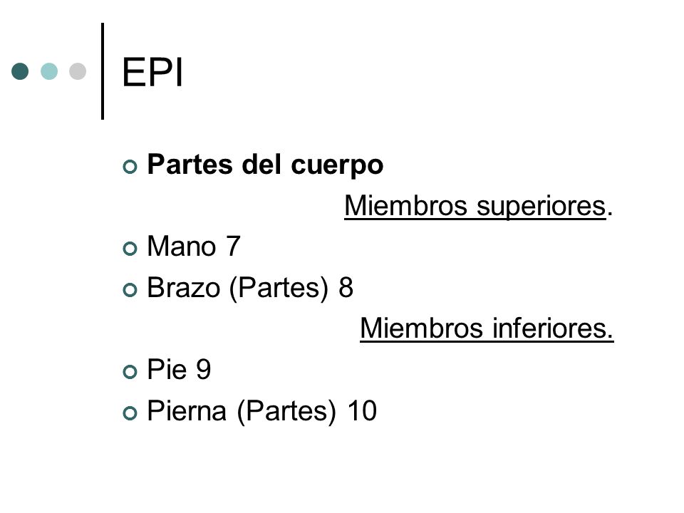 EPI Partes del cuerpo Miembros superiores. Mano 7 Brazo (Partes) 8