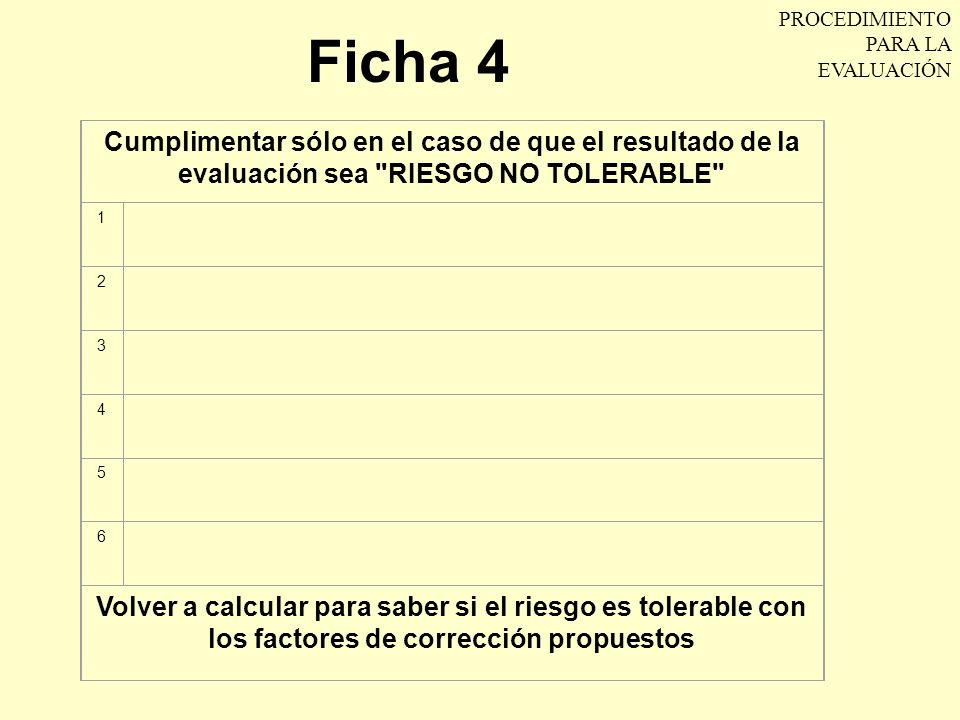 Ficha 4 PROCEDIMIENTO PARA LA EVALUACIÓN. Cumplimentar sólo en el caso de que el resultado de la evaluación sea RIESGO NO TOLERABLE