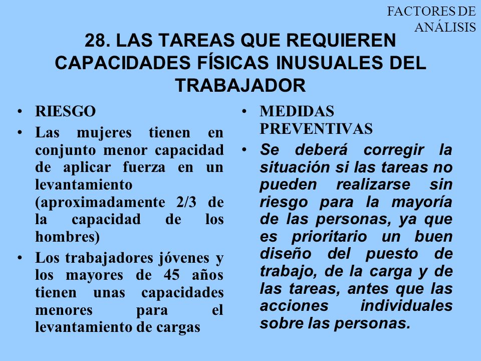 FACTORES DE ANÁLISIS 28. LAS TAREAS QUE REQUIEREN CAPACIDADES FÍSICAS INUSUALES DEL TRABAJADOR. RIESGO.