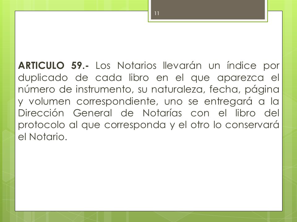 ARTICULO 59.- Los Notarios llevarán un índice por duplicado de cada libro en el que aparezca el número de instrumento, su naturaleza, fecha, página y volumen correspondiente, uno se entregará a la Dirección General de Notarías con el libro del protocolo al que corresponda y el otro lo conservará el Notario.