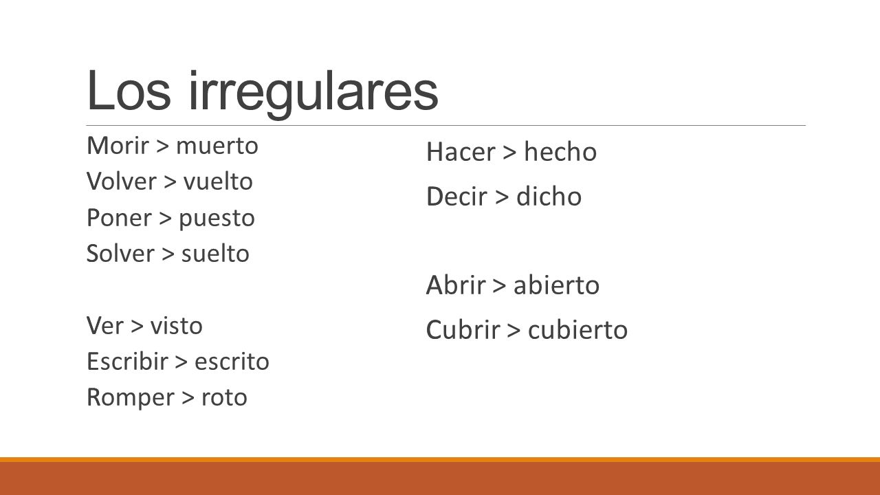 Los irregulares Hacer > hecho Decir > dicho Abrir > abierto