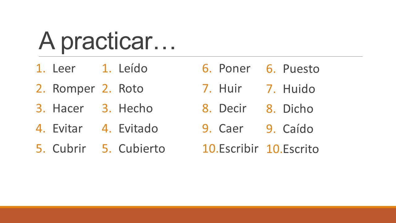 A practicar… Leer Romper Hacer Evitar Cubrir Leído Roto Hecho Evitado