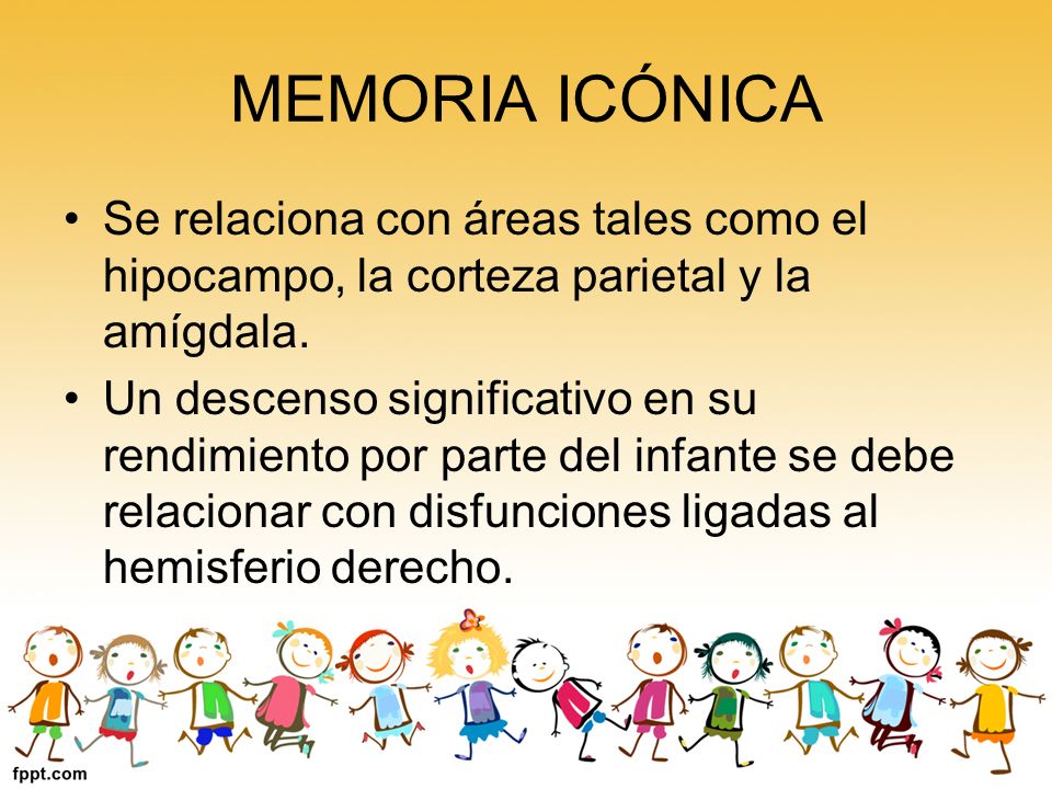 MEMORIA ICÓNICA Se relaciona con áreas tales como el hipocampo, la corteza parietal y la amígdala.