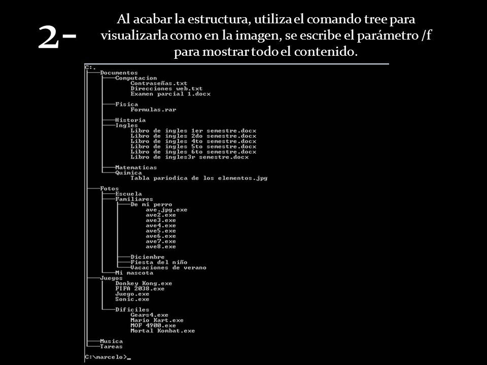 2- Al acabar la estructura, utiliza el comando tree para visualizarla como en la imagen, se escribe el parámetro /f para mostrar todo el contenido.