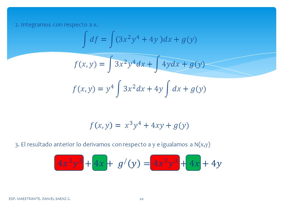 4 𝑥 3 𝑦 3 +4𝑥+ 𝑔 / 𝑦 =4 𝑥 3 𝑦 3 +4𝑥+4𝑦 𝑑𝑓 = 3 𝑥 2 𝑦 4 +4𝑦 𝑑𝑥 +𝑔(𝑦)