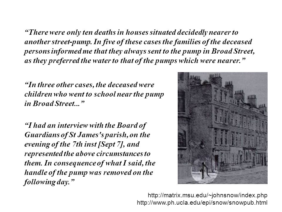 There were only ten deaths in houses situated decidedly nearer to another street-pump. In five of these cases the families of the deceased persons informed me that they always sent to the pump in Broad Street, as they preferred the water to that of the pumps which were nearer.