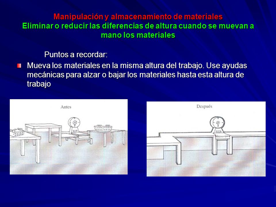 Manipulación y almacenamiento de materiales Eliminar o reducir las diferencias de altura cuando se muevan a mano los materiales