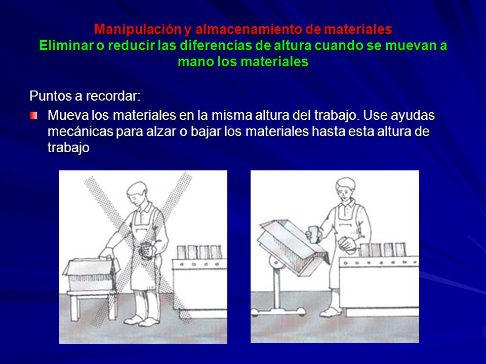 Manipulación y almacenamiento de materiales Eliminar o reducir las diferencias de altura cuando se muevan a mano los materiales