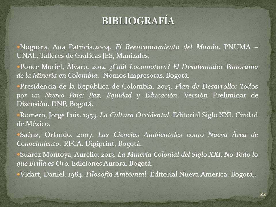 BIBLIOGRAFÍA Noguera, Ana Patricia El Reencantamiento del Mundo. PNUMA – UNAL. Talleres de Gráficas JES, Manizales.