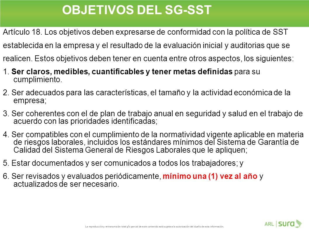 OBJETIVOS DEL SG-SST Artículo 18. Los objetivos deben expresarse de conformidad con la política de SST.