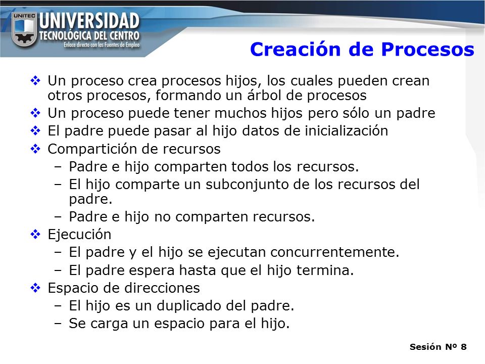 Creación de Procesos Un proceso crea procesos hijos, los cuales pueden crean otros procesos, formando un árbol de procesos.
