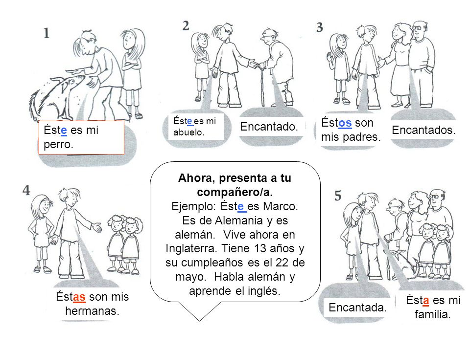 Éstos son mis padres. Encantado. Éste es mi perro. Encantados.