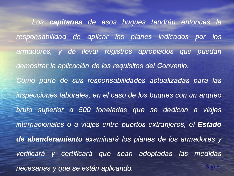 Los capitanes de esos buques tendrán entonces la responsabilidad de aplicar los planes indicados por los armadores, y de llevar registros apropiados que puedan demostrar la aplicación de los requisitos del Convenio.