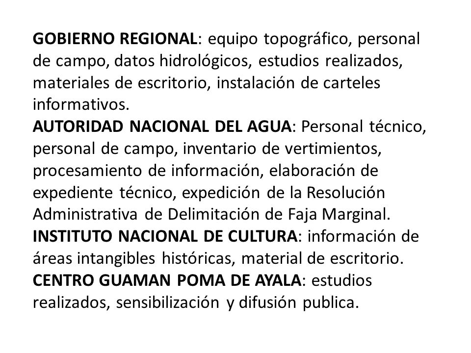 GOBIERNO REGIONAL: equipo topográfico, personal de campo, datos hidrológicos, estudios realizados, materiales de escritorio, instalación de carteles informativos.
