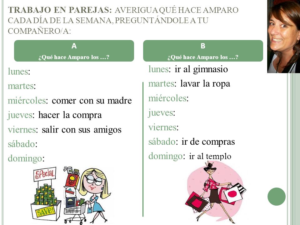 TRABAJO EN PAREJAS: AVERIGUA QUÉ HACE AMPARO CADA DÍA DE LA SEMANA, PREGUNTÁNDOLE A TU COMPAÑERO/A: