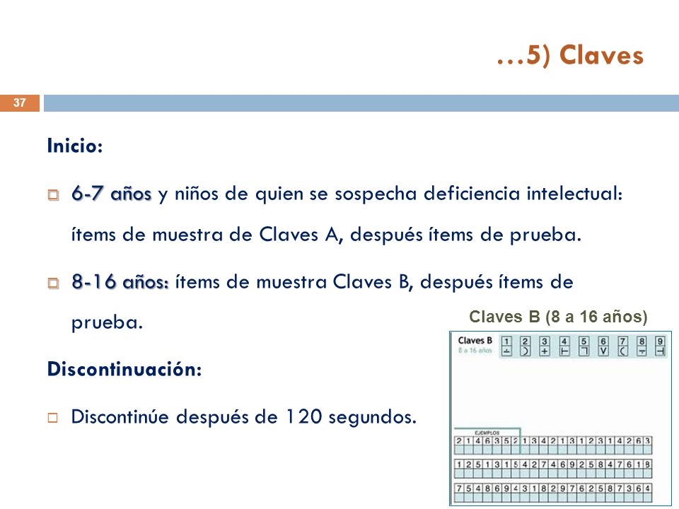 …5) Claves Inicio: 6-7 años y niños de quien se sospecha deficiencia intelectual: ítems de muestra de Claves A, después ítems de prueba.