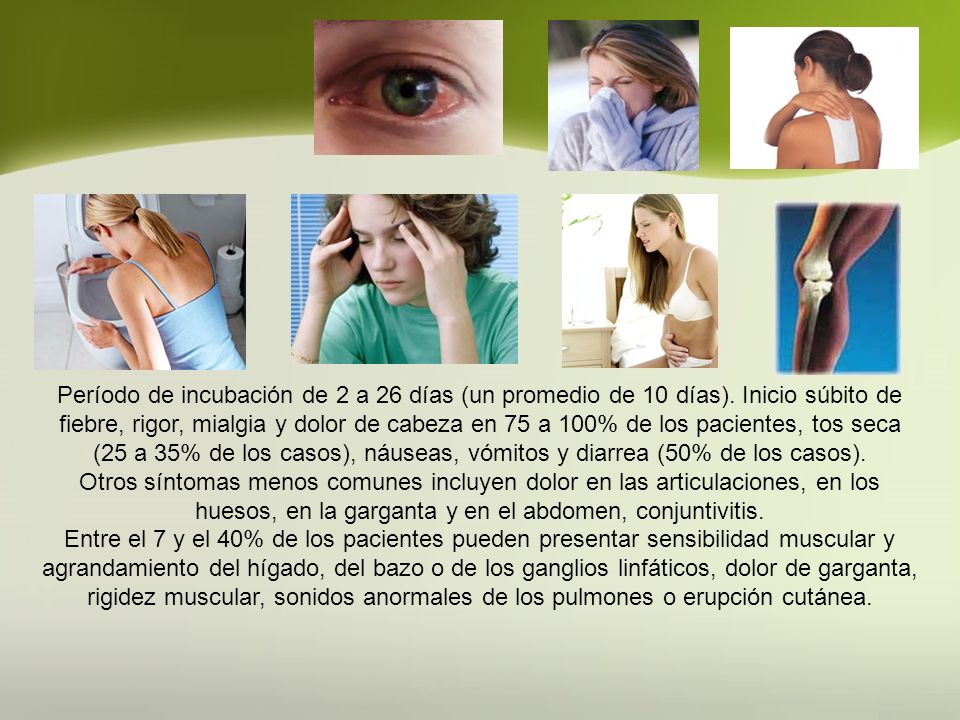 Período de incubación de 2 a 26 días (un promedio de 10 días)