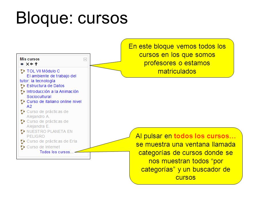 Bloque: cursos En este bloque vemos todos los cursos en los que somos profesores o estamos matriculados.