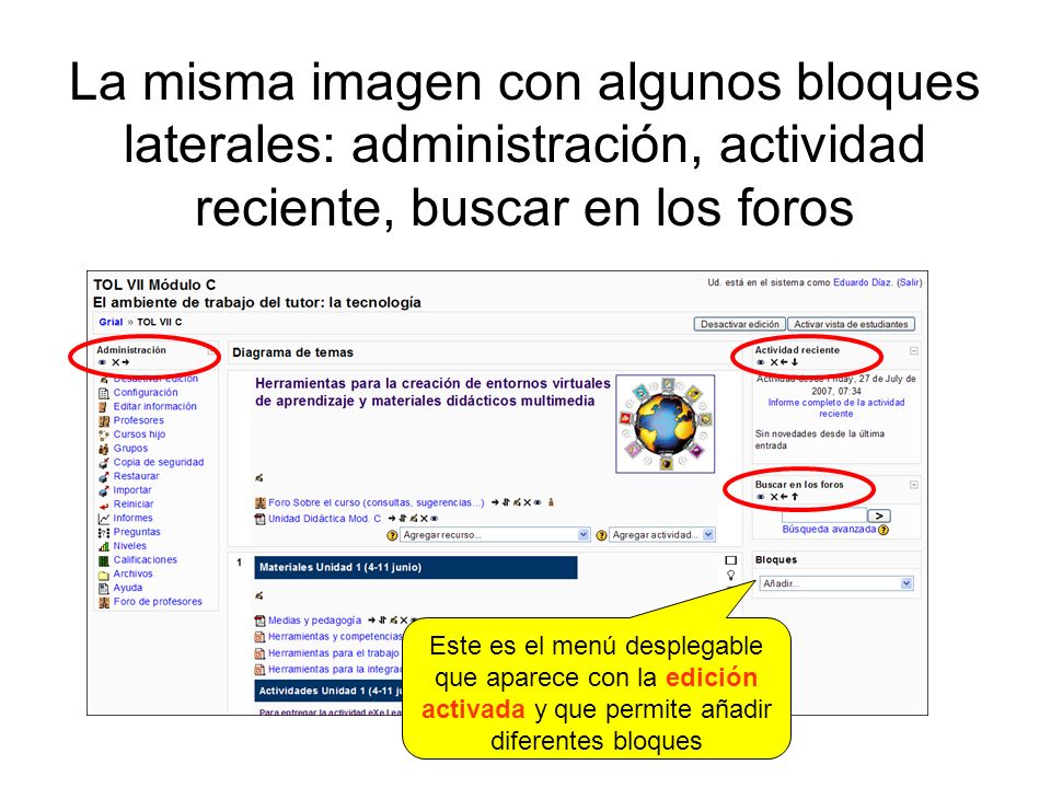 La misma imagen con algunos bloques laterales: administración, actividad reciente, buscar en los foros