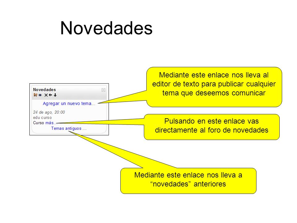 Novedades Mediante este enlace nos lleva al editor de texto para publicar cualquier tema que deseemos comunicar.