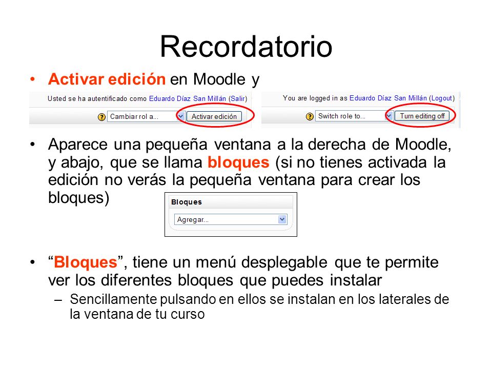 Recordatorio Activar edición en Moodle y