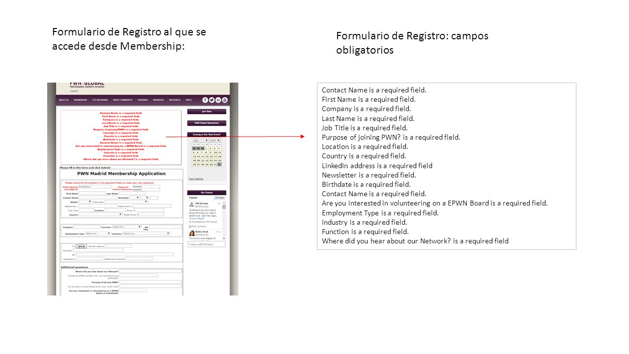 Formulario de Registro al que se accede desde Membership: