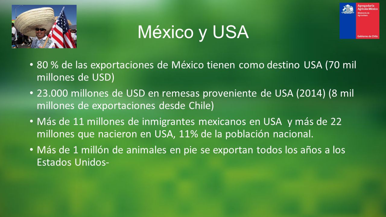 México y USA 80 % de las exportaciones de México tienen como destino USA (70 mil millones de USD)