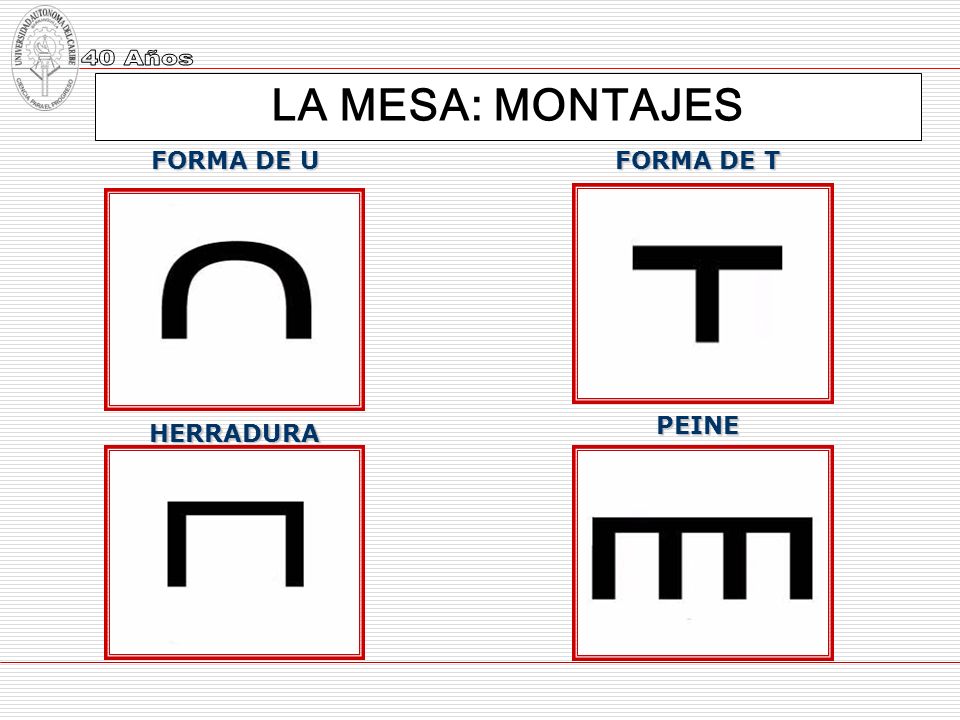 LA MESA: MONTAJES FORMA DE U FORMA DE T PEINE HERRADURA