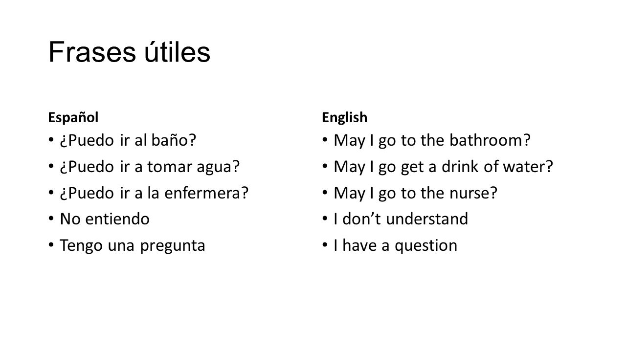 Frases útiles ¿Puedo ir al baño ¿Puedo ir a tomar agua