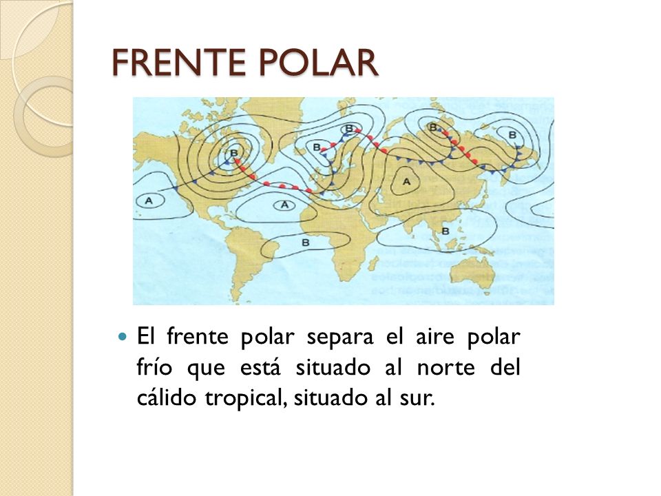 FRENTE POLAR El frente polar separa el aire polar frío que está situado al norte del cálido tropical, situado al sur.